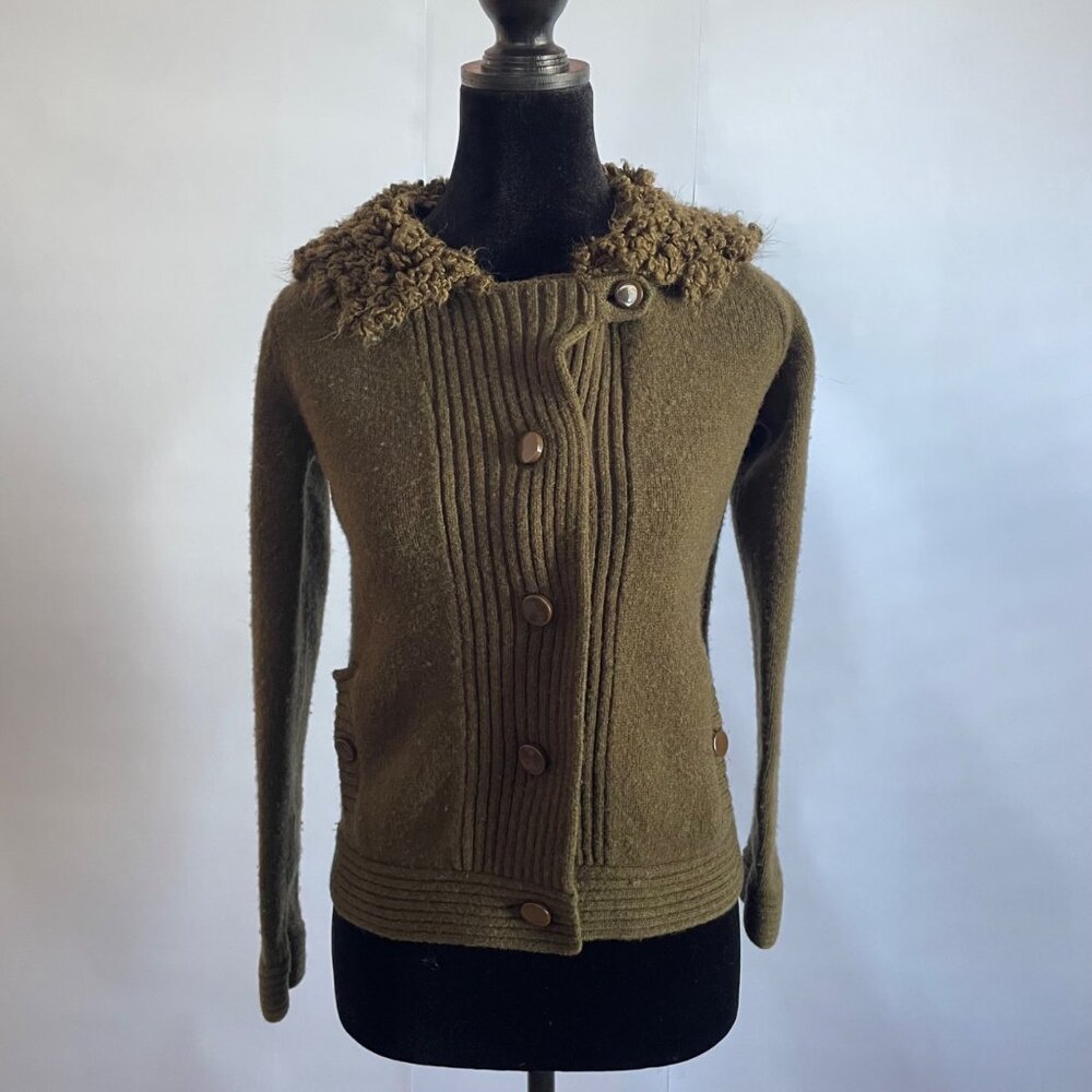 Y2K Gap Wool Cardigan Jacket XS Olive Sweater Coat Curly Collar Pocket Fisherman